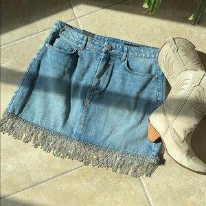 Blank NYC Light Blue Denim Mini Skirt with Rhinestone  Fringe